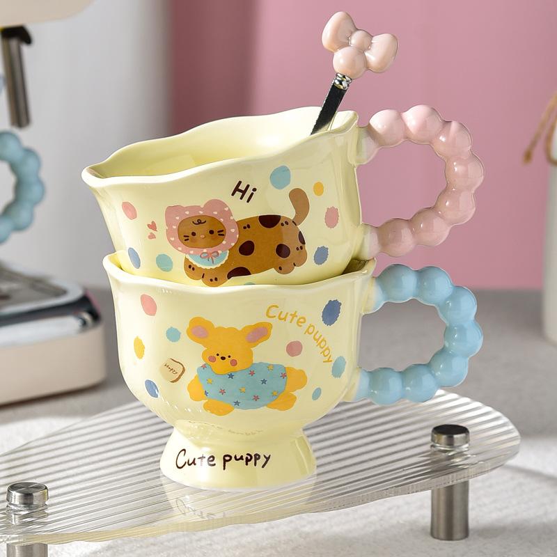 Cartoon Puppy Kitten Mug High End Light Luxury Ceramic Girl with Spoon Coffee Cup Couple Cup Goblet Cup