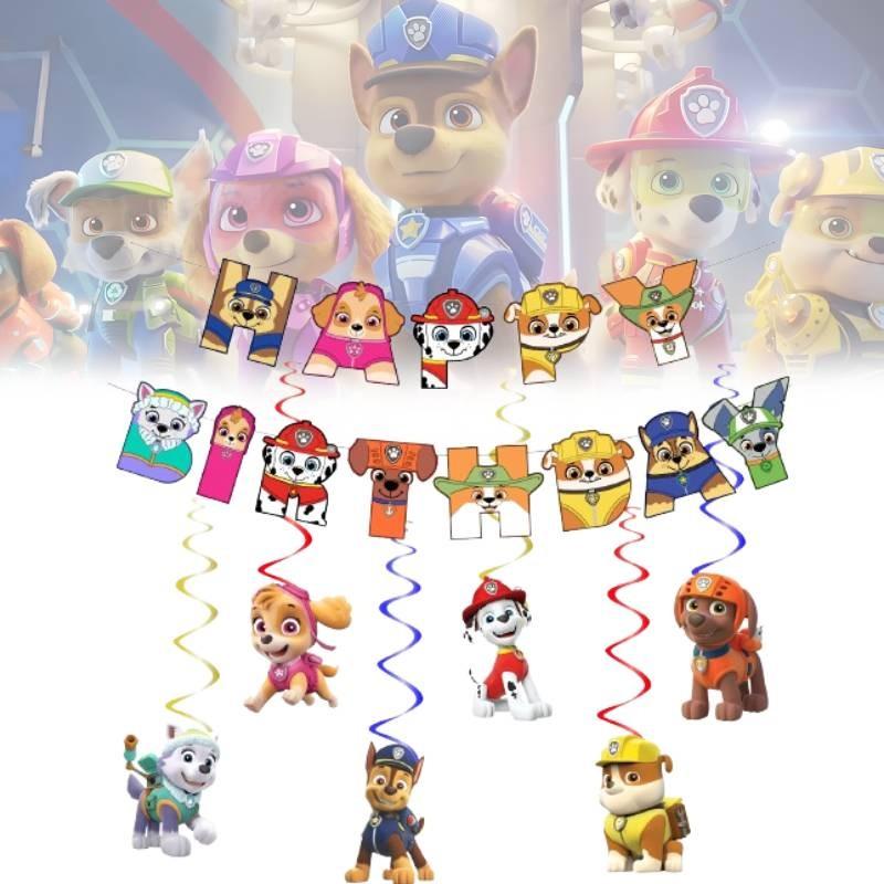 Bannière de fête d'anniversaire et ensemble de décorations spirales sur le thème de la Pat' Patrouille pour chiens