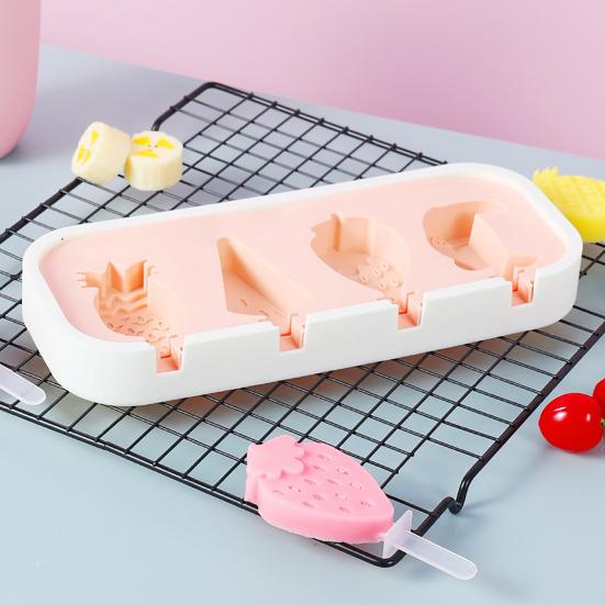 Silicone Ice Cream Mold with Anti-Spill Dust-Proof Cover 4 Cavities Cute Shapes Popsicle Mold Easy Demoulding Popsicle Maker for Kids Summer Party