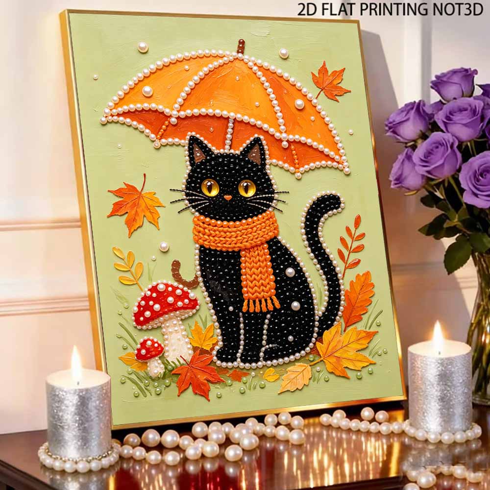DIY Frameless Pearl Painting Kit Black Cat Autumn Umbrella Mushroom Leaves Pattern 3D Shiny Bead Art Canvas Relaxing Creative Craft Gift