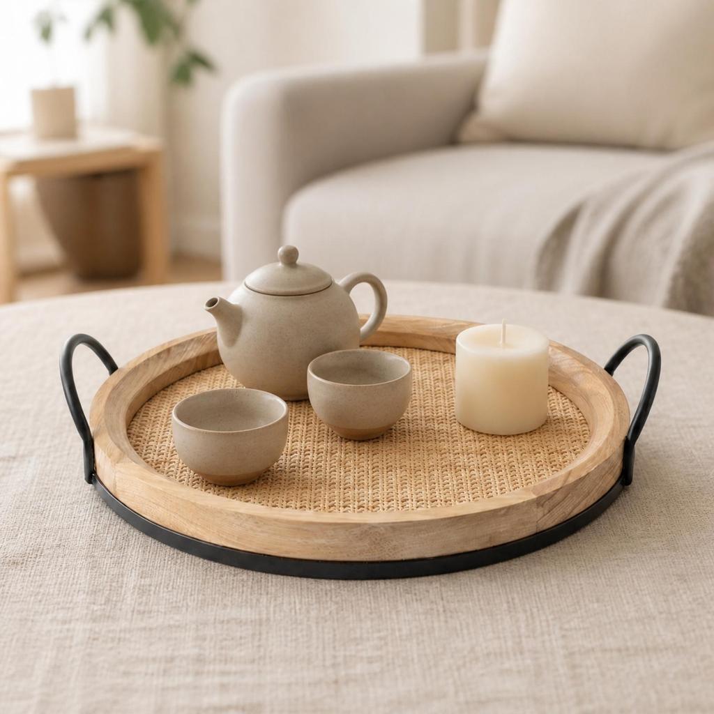 Serving Tray with Woven Inset Elegant Round Handles