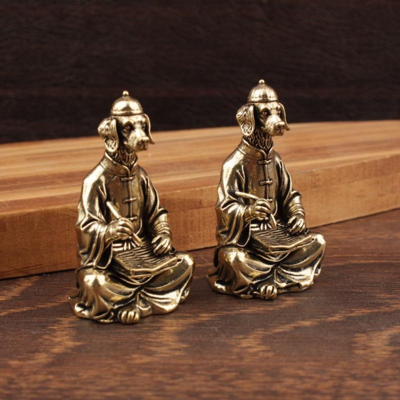 Retro Brass Calligraphy Dog Figurine Cute Mini Animal Statue Collectible Ornament for Desk Home Office Decor