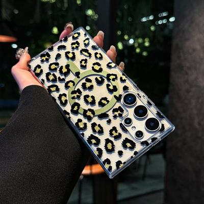 Suitable for Samsung S25u Mobile Phone Case Leopard Print S24 Magnetic Suction Case European and American Wind Plating S23plus Transparent Case