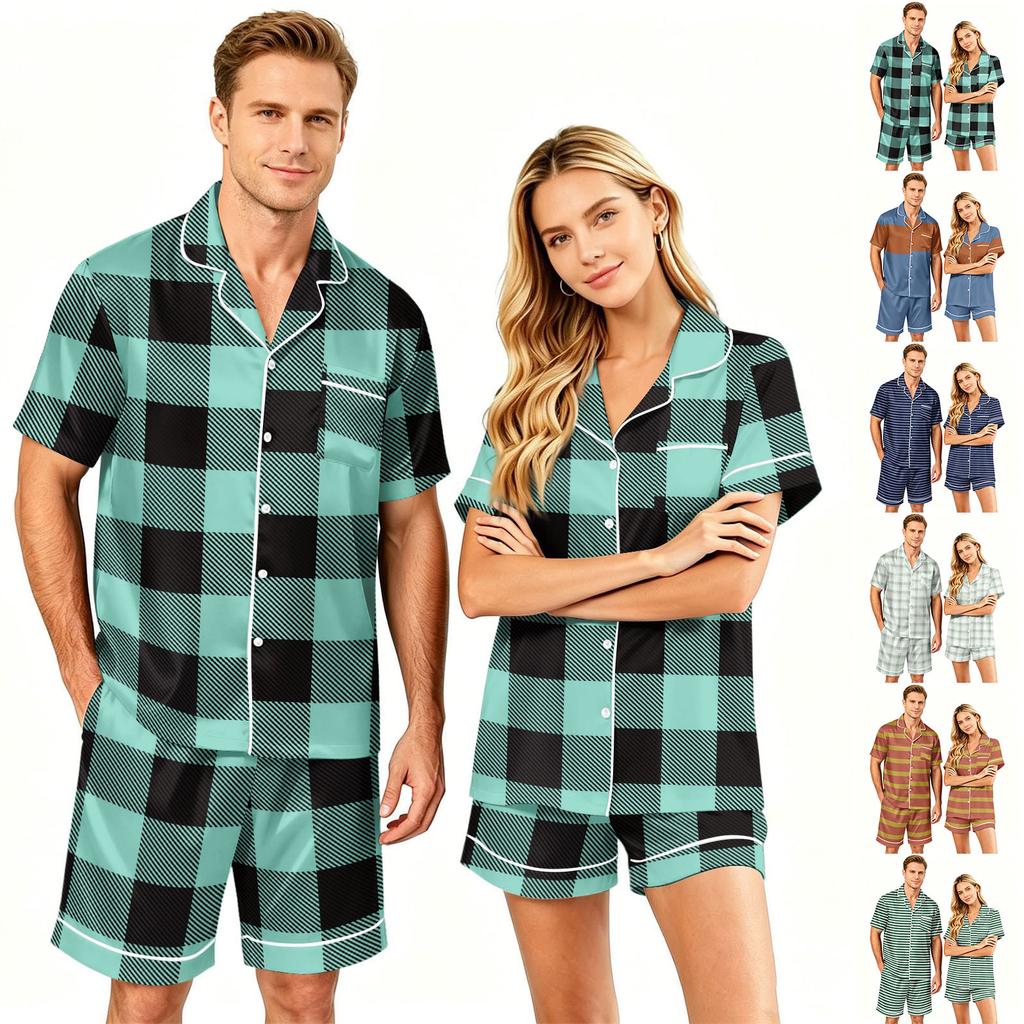 Couple Matching Pajama Set Short Sleeve Button Down Shirt with Hem and Shorts Set Soft Casual Sleepwear Available In Sizes S To XXXXL