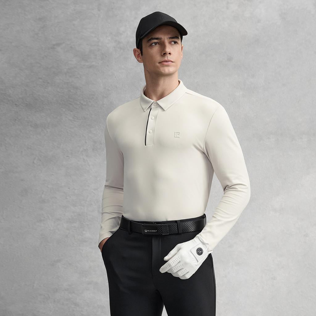 FILA Golf Series Simple Texture Casual Sports Golf Versatile Comfortable Knitted Long Sleeve Polo Shirt Men tops Cloud-Gray A11M615210FGY