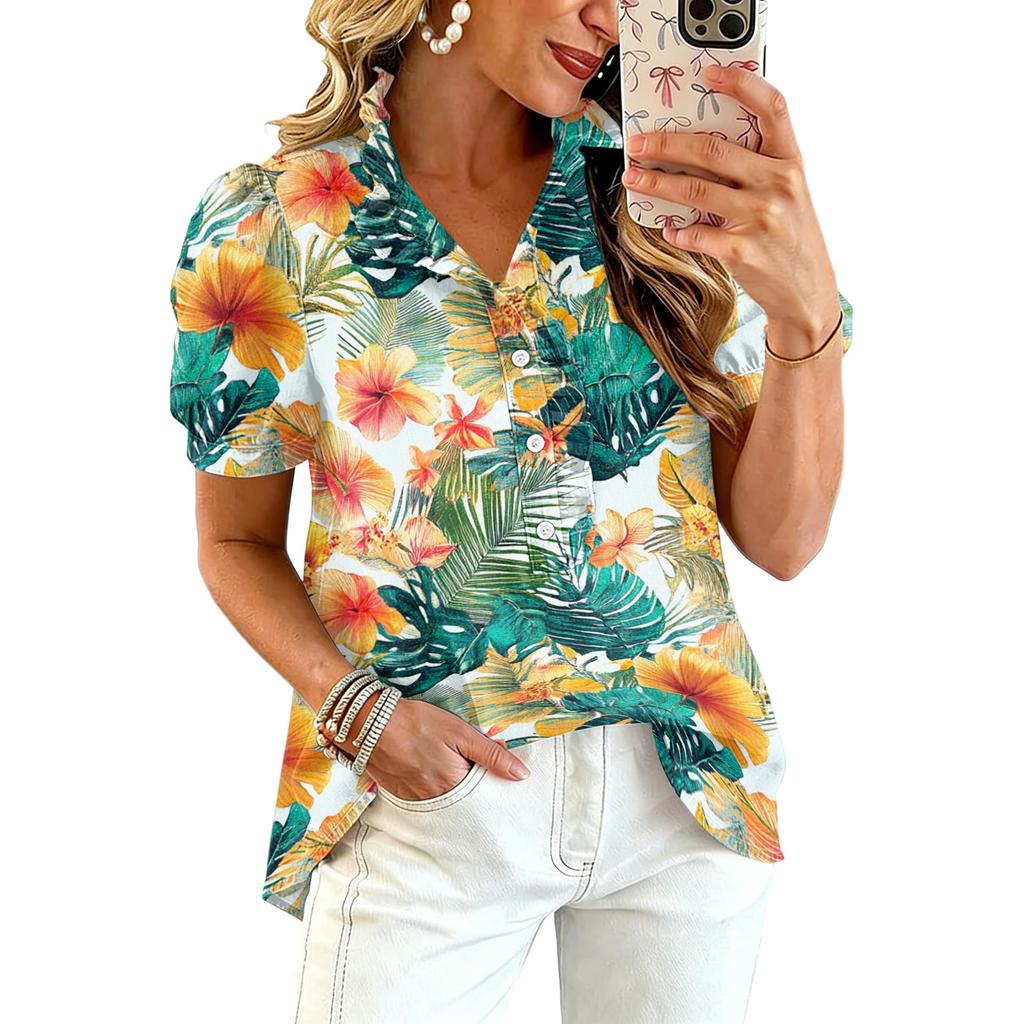 Women’s Casual Ruffle V Neck Top with Hawaiian Tree Print Short Puff Sleeve Button Down Relaxed Fit Summer Blouse