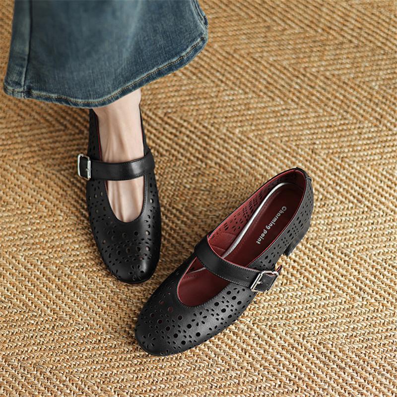 Fashion New Spring/autumn Genuine Leather Women Shoes Round Toe Shoes for Women Fashion Hollow Out Mary Jane Shoes Mid Heels Women Pumps