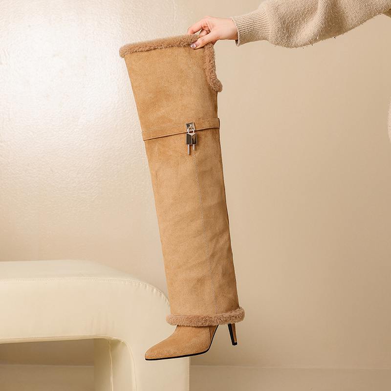 Krazing Pot Flock Pointed Toe Thin High Heels Size 46 Size 45 Winter Slip on Plus Size Women Keep Warm Over-the-knee Boots