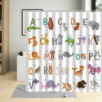 Cartoons Funny Animal Alphabet Shower Curtain Kids Learning Baby Child Bathroom Decor Screens Waterproof Bath Curtains With Hook