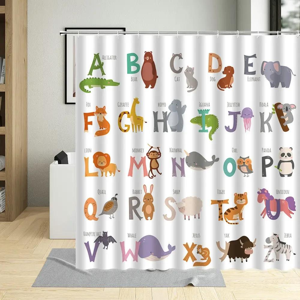 Cartoons Funny Animal Alphabet Shower Curtain Kids Learning Baby Child Bathroom Decor Screens Waterproof Bath Curtains With Hook