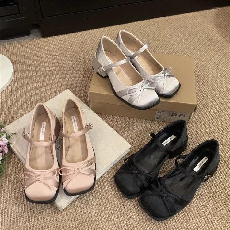 Satin bow square head Mary Jane heels spring and summer versatile skirt one-word buckle-down single shoes