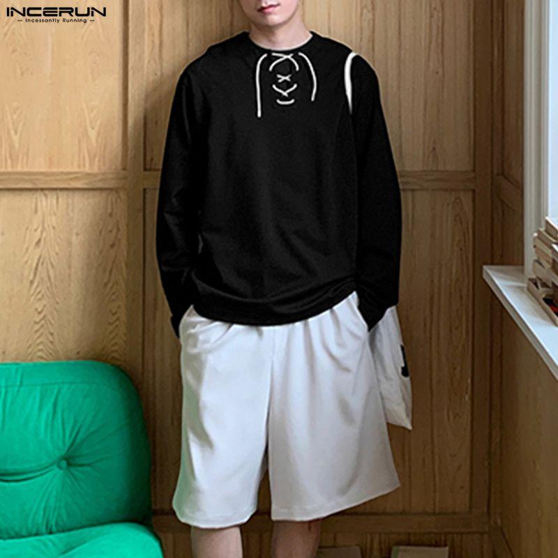 INCERUN Men Lace-up Neck Long Sleeve Casual Loose Undershirts Basics Tops