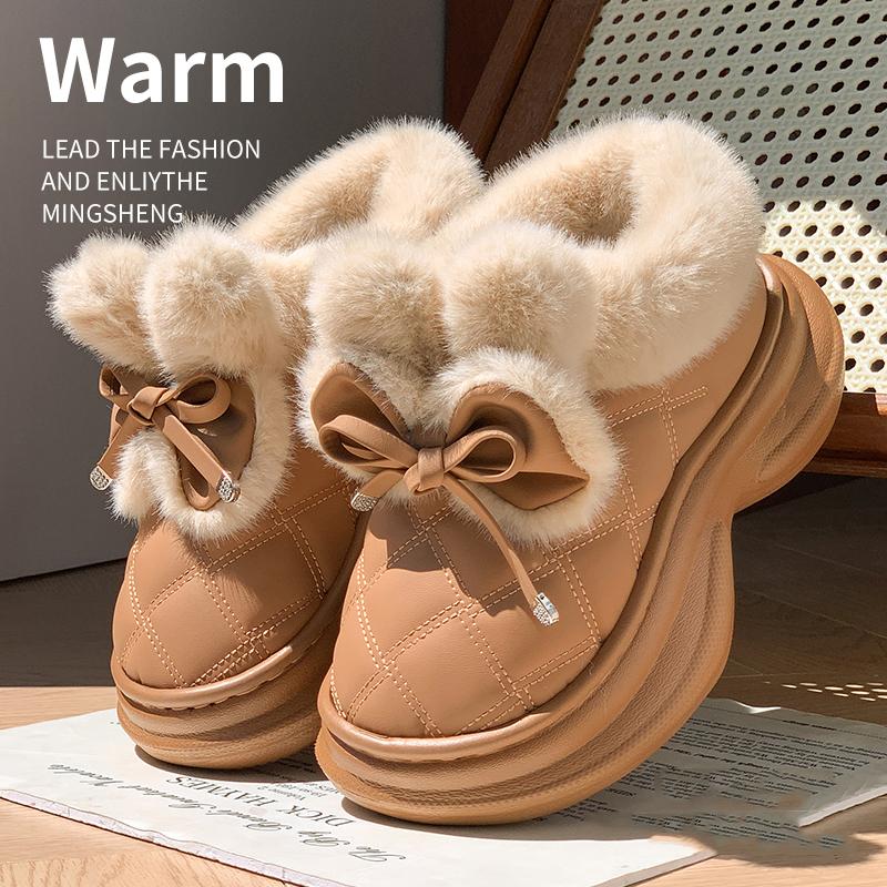 Cute Bowknot Faux Rabbit Fur Warm Snow Boots for Women Winter Thicken Plush Cotton Shoes Woman Thick Platform Fluffy House Shoes