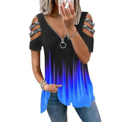 Women Summer T Shirt Hollow Out Shoulder Rhinestone Decor Short Sleeves Plus Size Loose Hem V Neck Gradient Contrast Color Lady Blouse