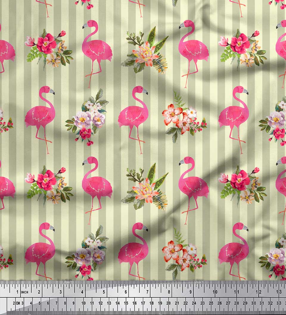 

Тканина для рукоділля з японським креповим атласом Soimoi Grey у смужку та квітковий принт із фламінго на метри 42 дюйми 42 Inch Wide - Poly Crepe жовтий