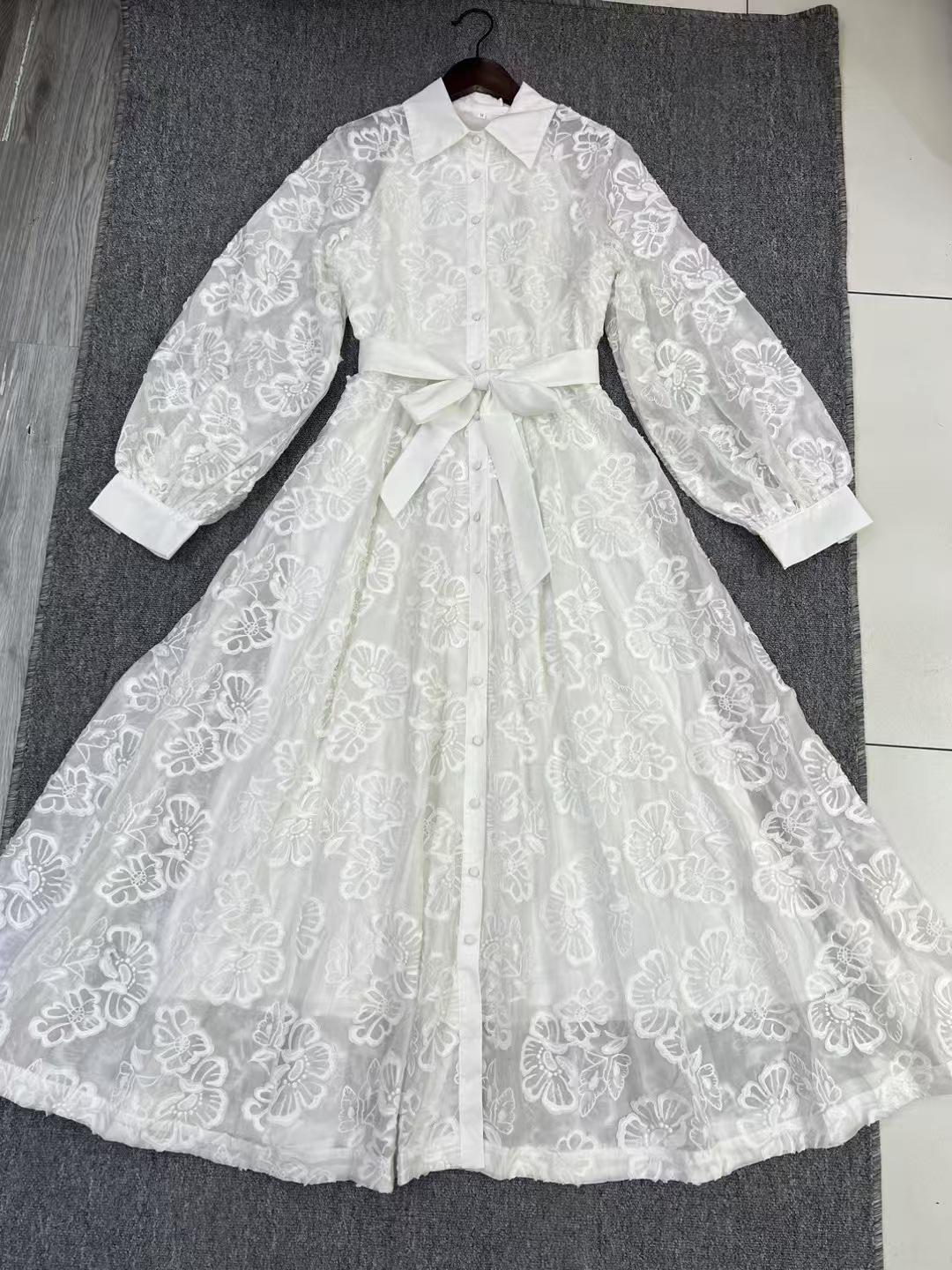 

Elegant European Retro Floral Embroidery Single-Breasted Lapel Dress with Belt S