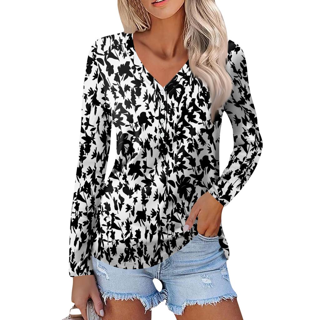 Women's Casual Loose Fashion Retro Floral Print Long Sleeve V-Neck Button Down Shirt