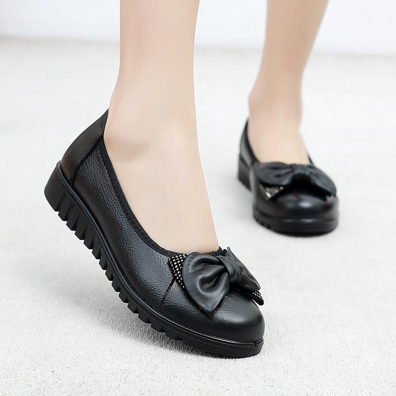 Big size 42 genuine leather ladies shoes spring bow-tie shallow loafers soft bottom mom's flats office lady dress shoes