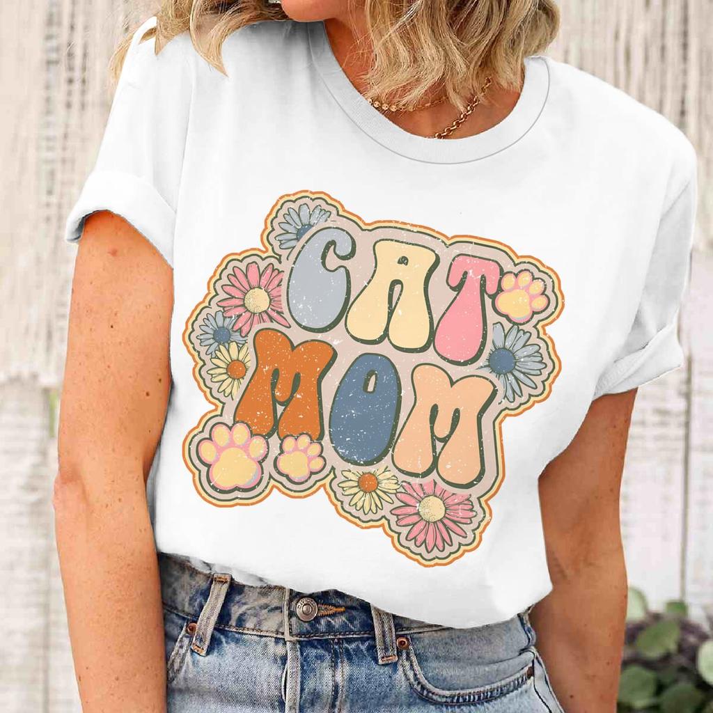 Vintage Cat Mom And Flower Print T Shirt Unisex Bohemia Wildflower Short Sleeve Streetwear Fun Cat Mom Life Tee Casual Female Top