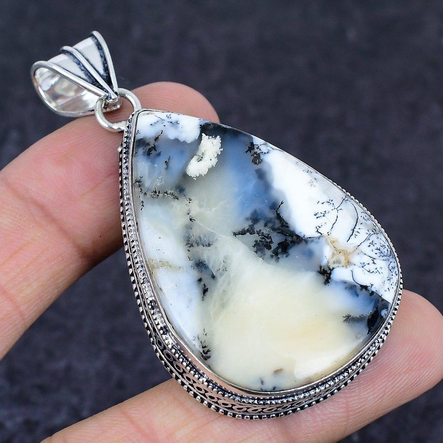 Dendrite Opal Gemstone Handmade 925 Sterling Silver Jewelry Pendant 2.44" R8g78