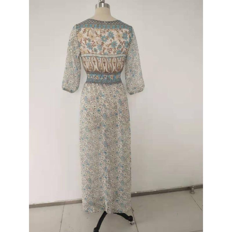 Women's Summer Print Seven-point Sleeve Elastic Waist V-neck Chiffon Sexy Dress