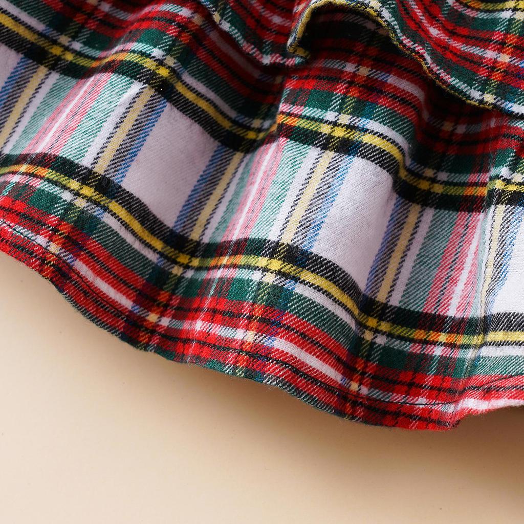 Dziewczynka stroje jesienne jednokolorowe prążkowane wycięcie pod szyją pajacyki z długim rękawem Ruffles Plaid spódnice z szelkami z pałąkiem na głowę 3 szt. Zestaw ubrań