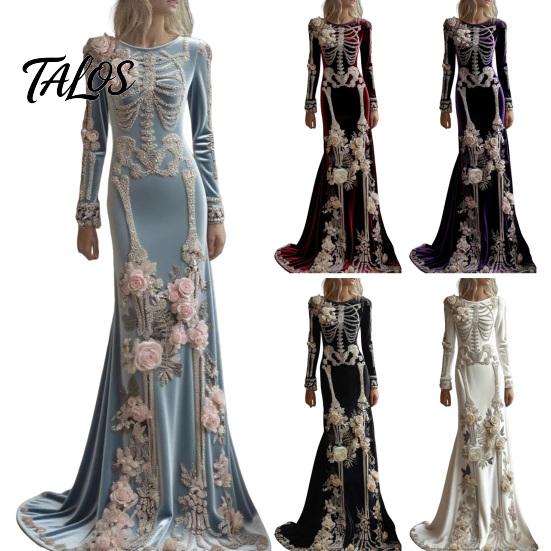 Disfraz Cosplay de Halloween para Mujer con Estampado de Esqueleto Vestido Largo, Vestido Largo Gótico con Mangas Largas y Decoración de Flores 3D para Actuación en Escenario, Terciopelo Floral para Fiesta