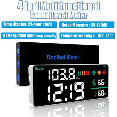 Digitálny merač hladiny zvuku 4 v 1, Stolný monitor decibelov 30-130 dB, na meranie hluku, do knižnice, s displejom času, teploty a vlhkosti