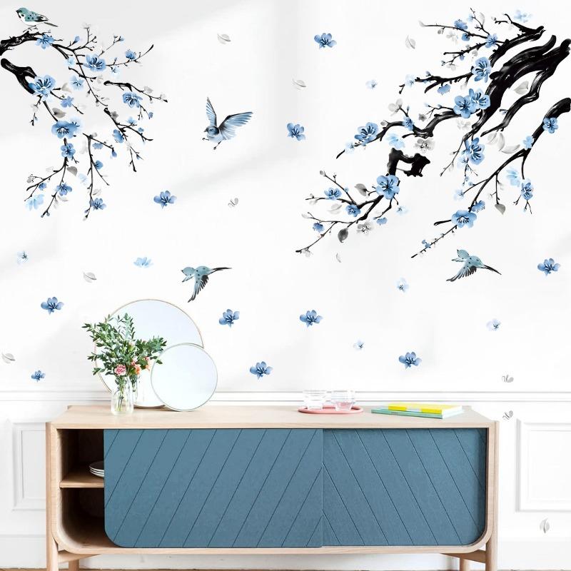 Branch and Bird Cherry Blossom Wall Stickers Self-Adhesive Peach Flower Wallpaper Decals for Living Room Bedroom Home Decor