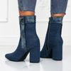 Denim Pointed Toe Chunky Heel Ankle Boots with Slimming Side Zipper - European Style Women's Versatile Fashion.