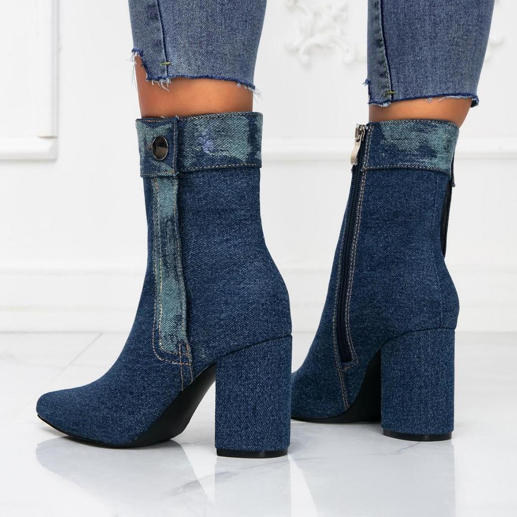 Denim Pointed Toe Chunky Heel Ankle Boots with Slimming Side Zipper - European Style Women's Versatile Fashion.