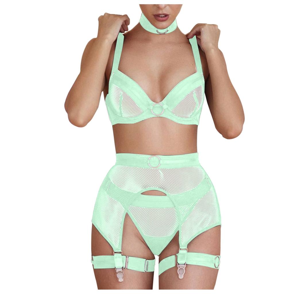 Women Metallic Trim Mesh Hollow Out Bra Set with Underwire Support Adjustable Straps and Garter Belt