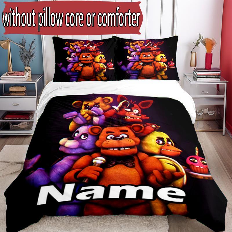 3pcs Duvet Cover Set (1*Duvet Cover + 2*Pillowcase, Without Core), Custom Name Five Nights At Freddy's Pattern Bedding Set, Home Bedroom Decor Gift