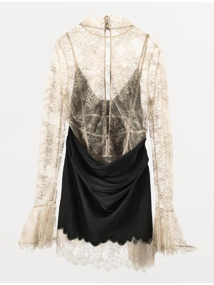 Women's Lace Spliced Long Sleeve Sexy Short Dress