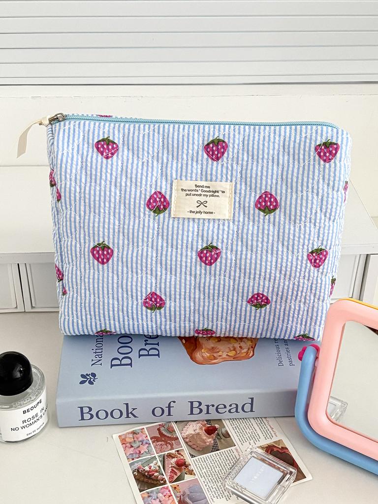 Cute Strawberry Women's Stripe Cosmetic Bags Travel Portable Ladies Clutch Purse Storage Bag Makeup Case Cosmetic Organizer
