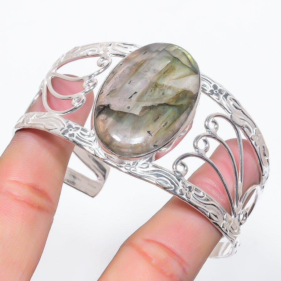 

Натуральный Лабрадорит Драгоценный Камень 925 Стерлинговое Серебро Манжета Браслет Регулируемый W7Q86