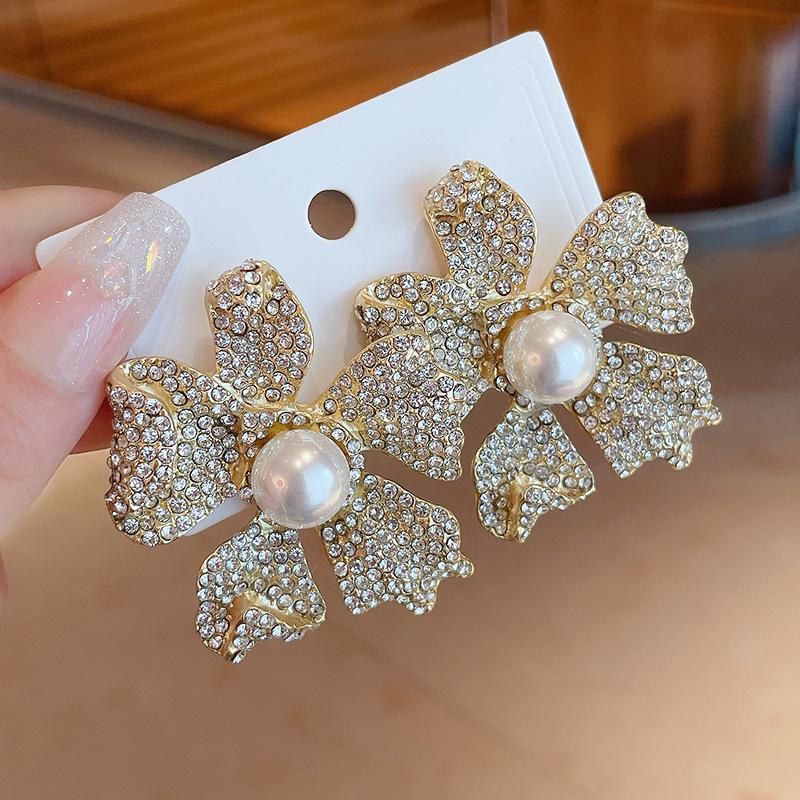 Diamond-set pearl double-sided earrings Korean ins temperament cold wind earrings fashion design earrings women