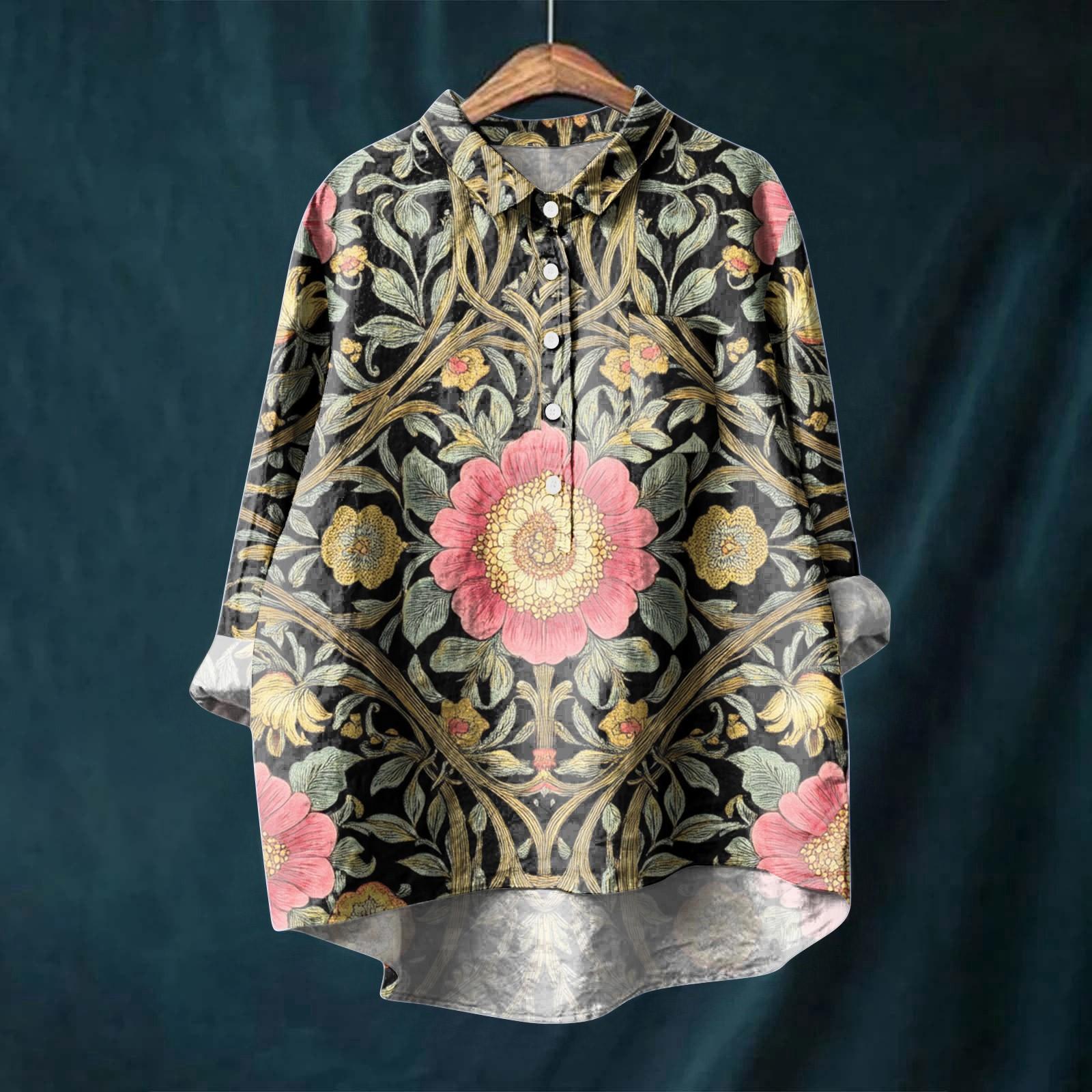 

Женская рубашка с длинным рукавом, на пуговицах, винтажный цветочный принт, повседневный подол, неровный, рубашечный воротник, топ L