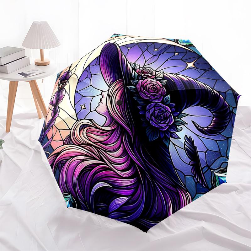 1pc Stained Glass Witch Hat Auto-Folding Umbrella - Portable Tri-Fold Design with 8-Bone Iron Frame, Outdoor, Perfect Gift for Fans, Travelers, Daily