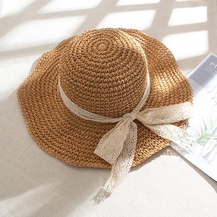Straw hat women's summer beach hat sunscreen eaves travel seaside Sanya photo shading lace strap sun hat