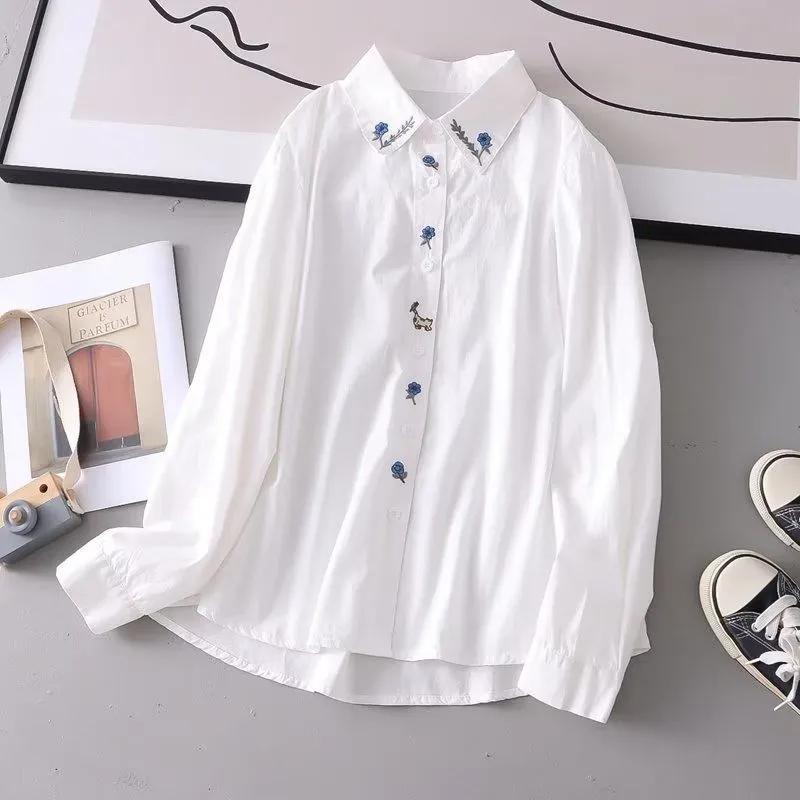 Spring Autumn Pure Cotton White Shirts Women Turn Down Collar Embroidered Long Sleeve Casual Tops Little Blue Flower