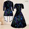 Women Plus Size Two Piece Set Printed Square Neck Short Sleeve Tie Waist Flared Dress With 3 4 Sleeve Cardigan Black Green Gold