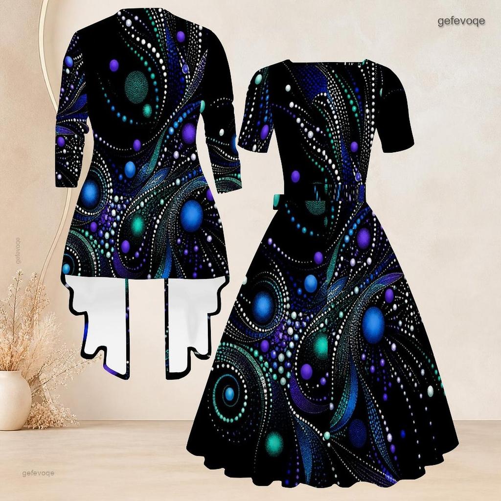 Women Plus Size Two Piece Set Printed Square Neck Short Sleeve Tie Waist Flared Dress With 3 4 Sleeve Cardigan Black Green Gold