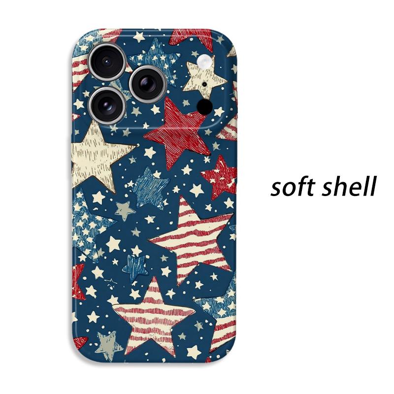 Patriotic Vintage Red White Blue Star Pattern Art Film Aesthetic Protective Shockproof Bumper Case Cover For iPhone 13 14 15 16 17 Pro Max Plus