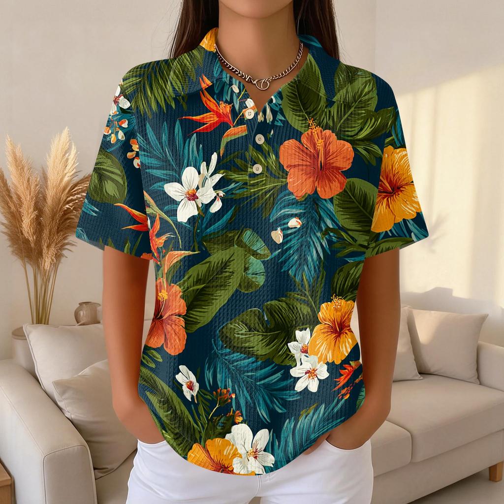 Damen Casual Kurzarm Hawaiian Print Waffelstrick Poloshirt Knopfleiste Tropisches Blumenmuster Sommer Oberteil