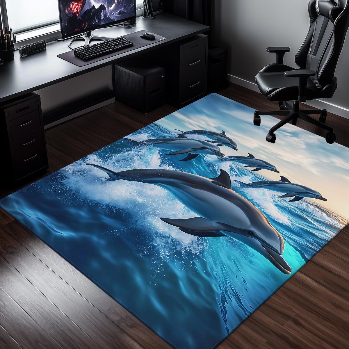 

Dolphin Ocean Wave Rug Blue Sea Animal Print Crystal Velvet Carpet Bedroom Office Decor Marine Life Floor Mat 60x90cm