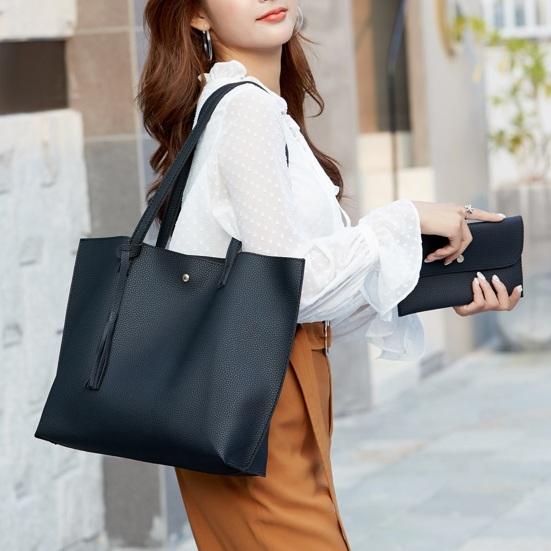 Women Tote Bag Solid Color Shoulder Bag Magnetic Closure Faux Leather Handbag with Separate Small Clutch for Work Travel Party