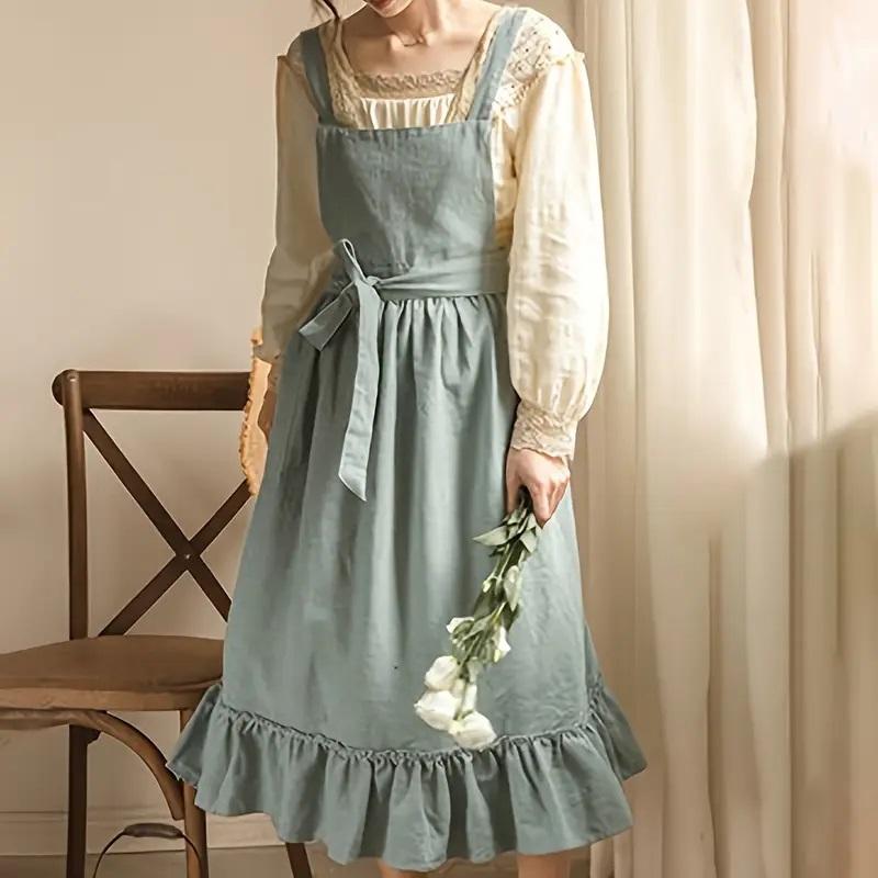Flouncing Pinafore French Pastoral Florist Artsy Cotton Linen Vintage Apron Kitchen Baked Nordic Solid Color Ruffled Apron