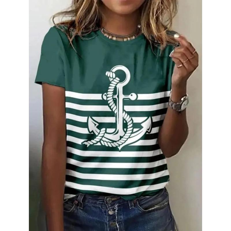 Women's 3D Printed T-Shirt Colorful Striped Boat Anchor Pattern Print Short Sleeve O-Neck Pullover Casual Top