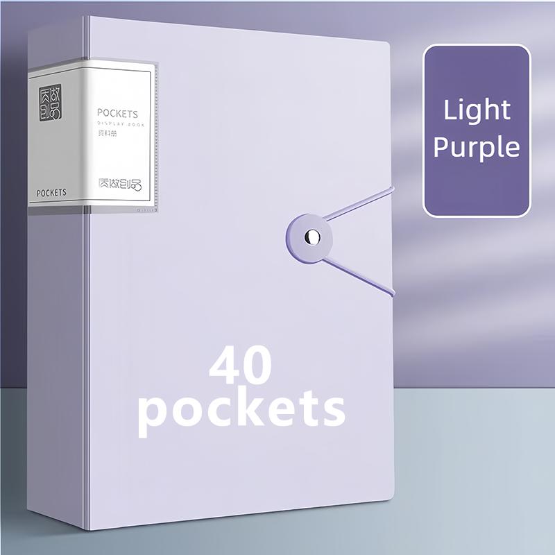 A4 Display Paper File Folder 40/60/100 Pockets Document Organizer with Snap Closure Office School Stationery purple- 40 pocket